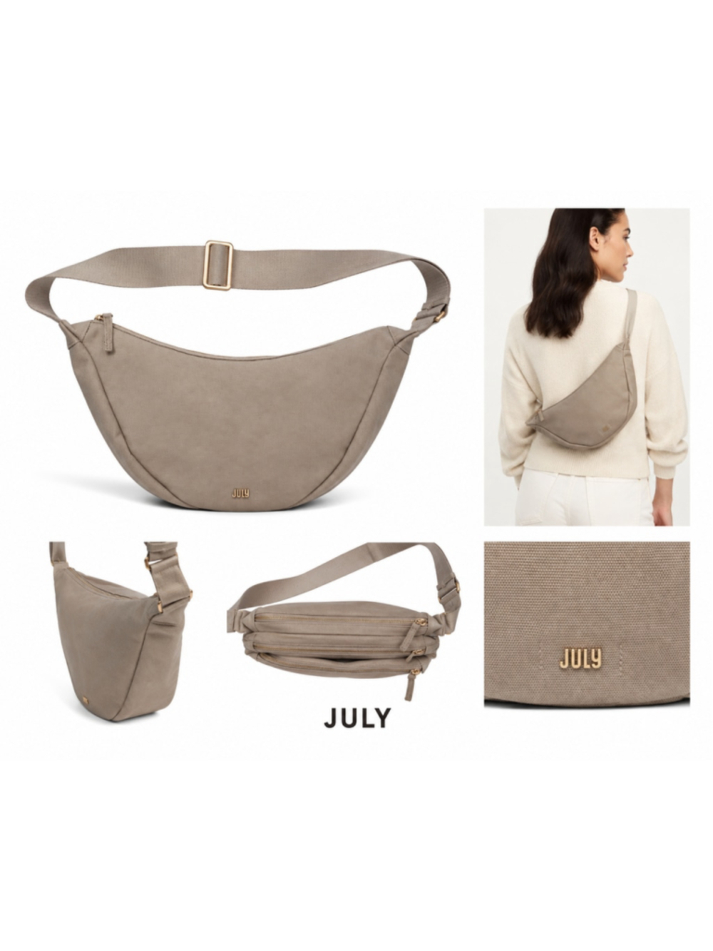 July Everyday Crescent Bag Natural Canvas Crossbody Sling Beige Gold Hardware